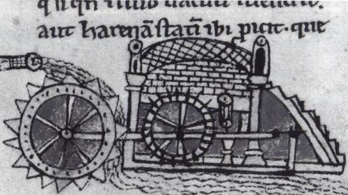 Ilustración medieval de un molino hidráulico.